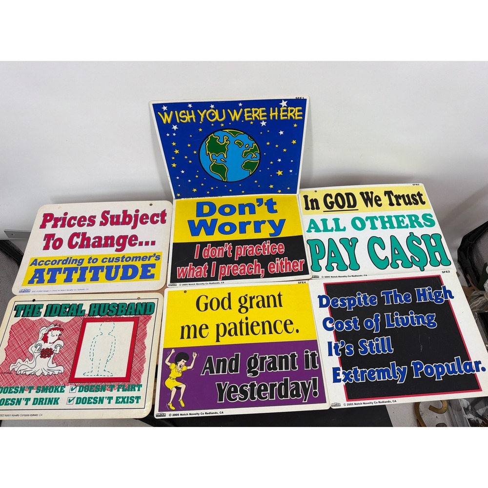 Lot of 7 Vintage Notch Sign Center Novelty Sarcastic Plastic Bar Signs